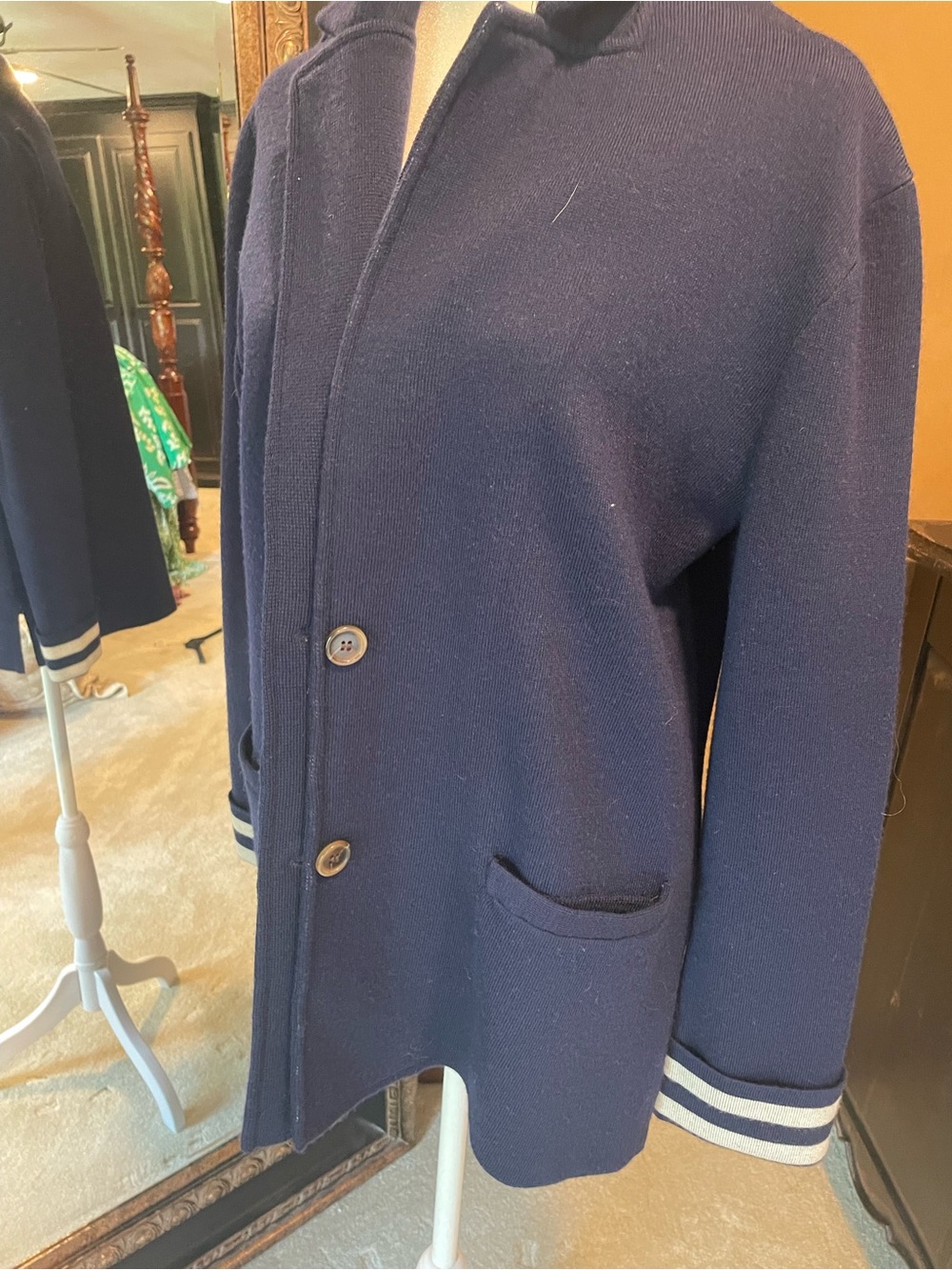 J. Crew Navy Knit Blazer with Striped Cuffs
